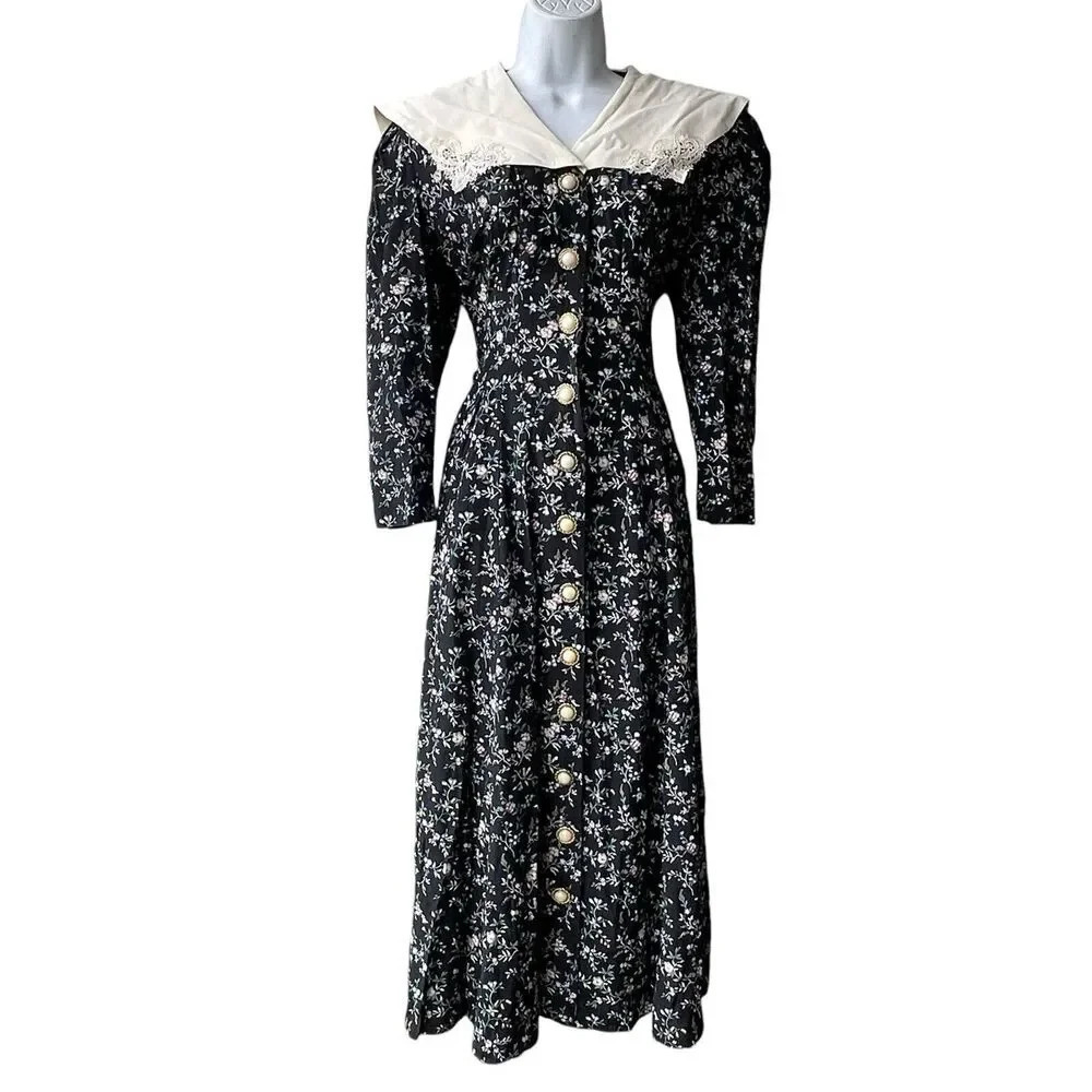 Vintage SL Fashions Women’s Cottage Midi Shirtdress Sz 8 Black Floral Victorian